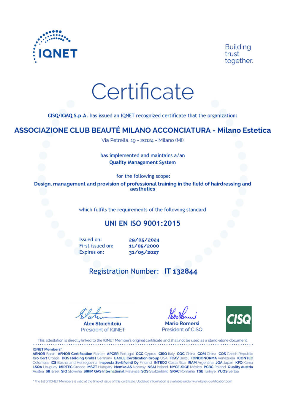 Certificato IQNet ISO 9001:2015 di Club Beauté