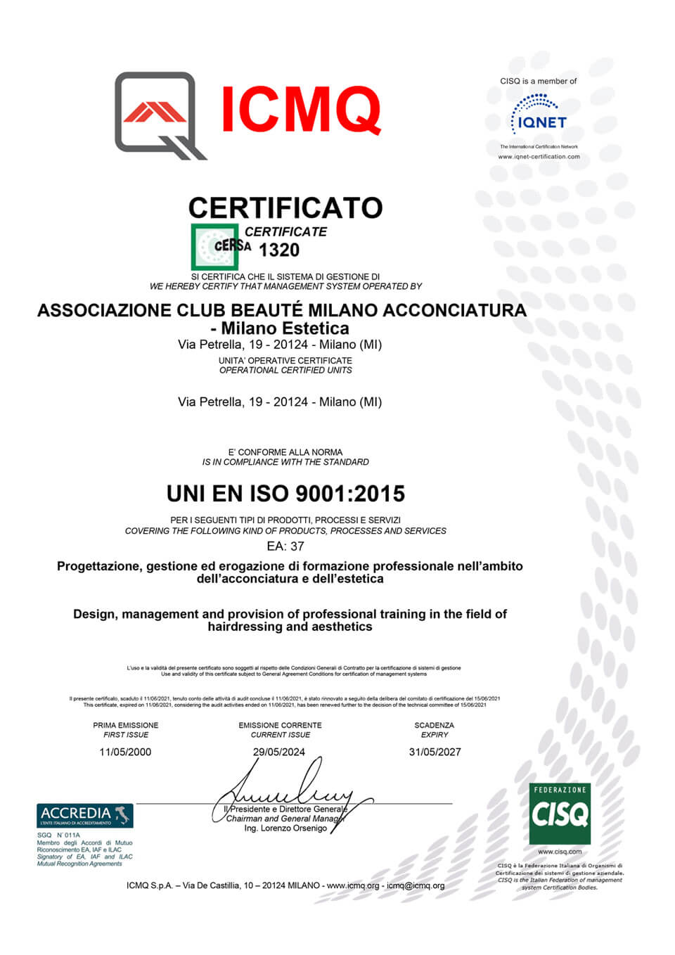 Certificato di Qualità UNI EN ISO 9001:2015 di Club Beauté